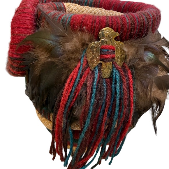 Other - Handmade Art Of Coiling Basket Native American Design Gold Emblem Feathers